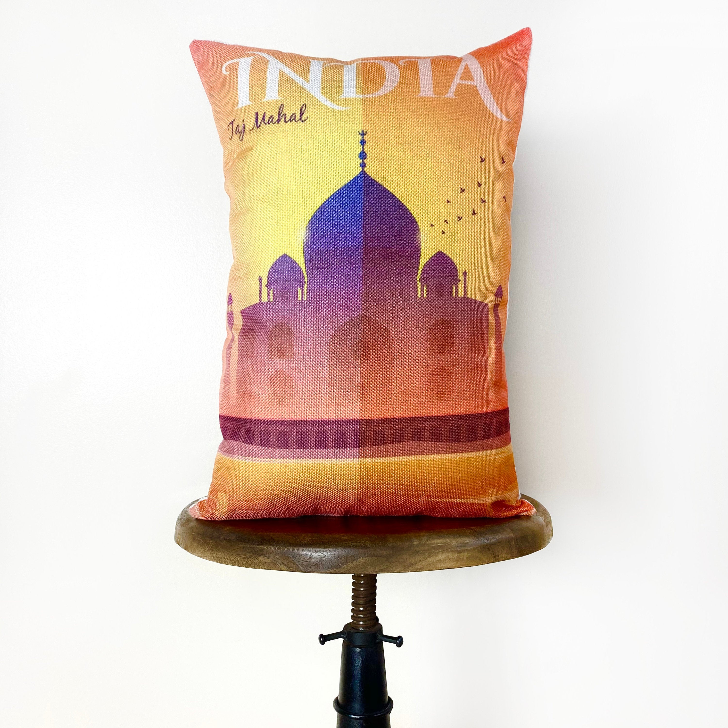 Taj Mahal Pillow Cover featuring a travel poster design, measuring 12x18 inches, made from a cotton/polyester blend with a concealed zipper.